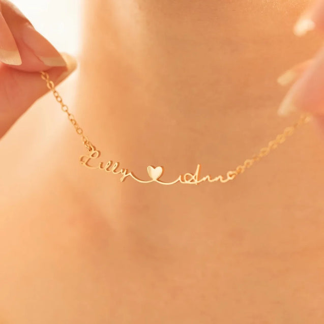 Silver Double Name Necklace with Heart for Couples