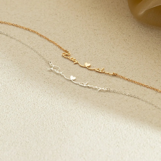 Silver Double Name Necklace with Heart for Couples