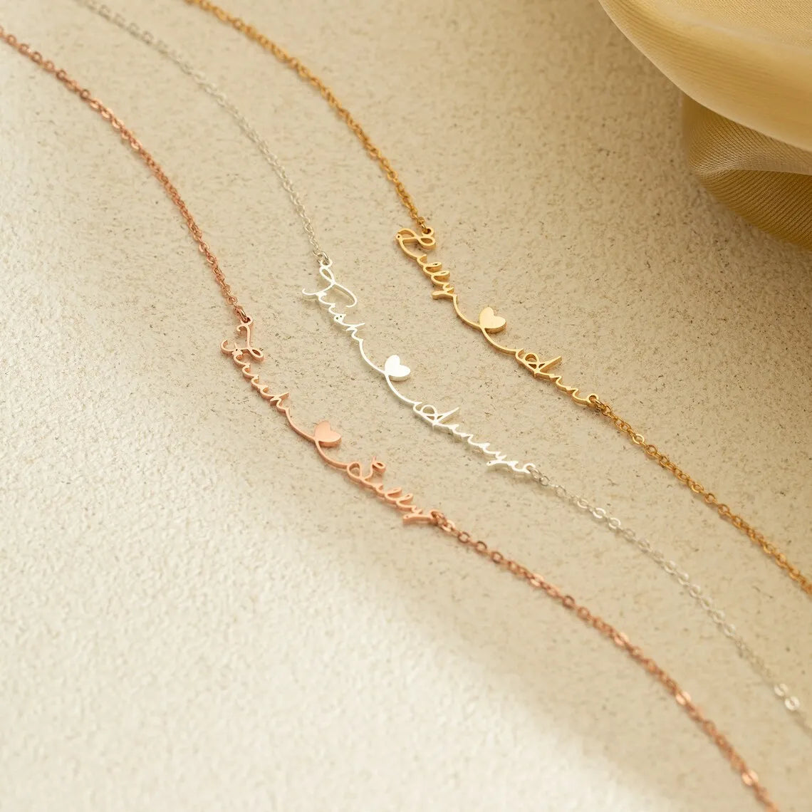 Silver Double Name Necklace with Heart for Couples