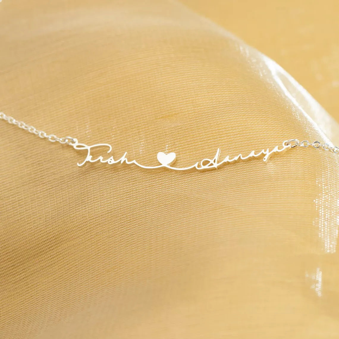 Silver Double Name Necklace with Heart for Couples
