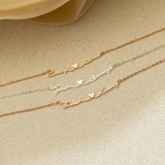 Silver Double Name Necklace with Heart for Couples