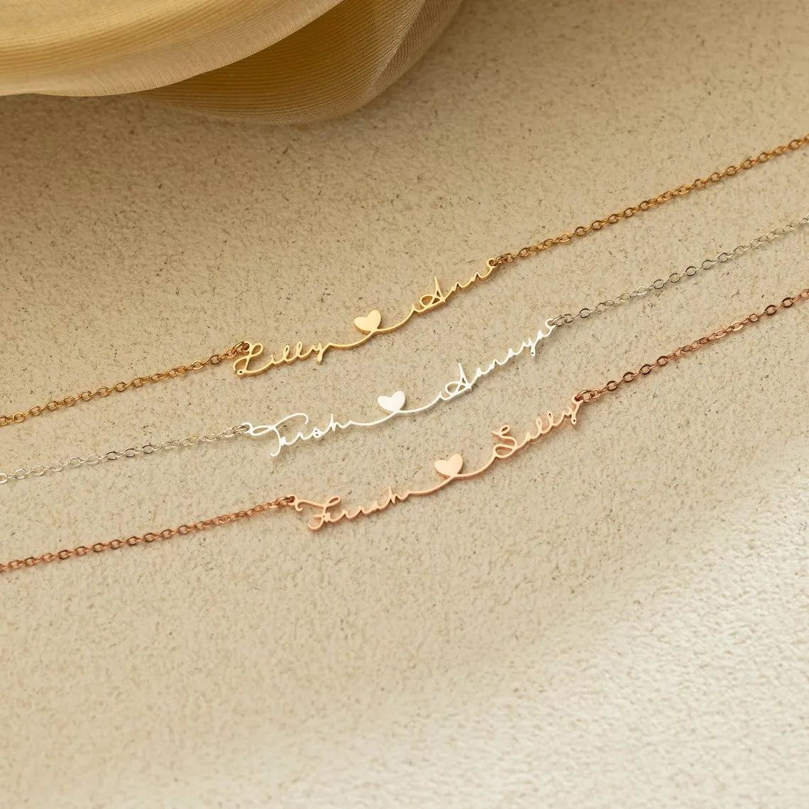 Silver Double Name Necklace with Heart for Couples