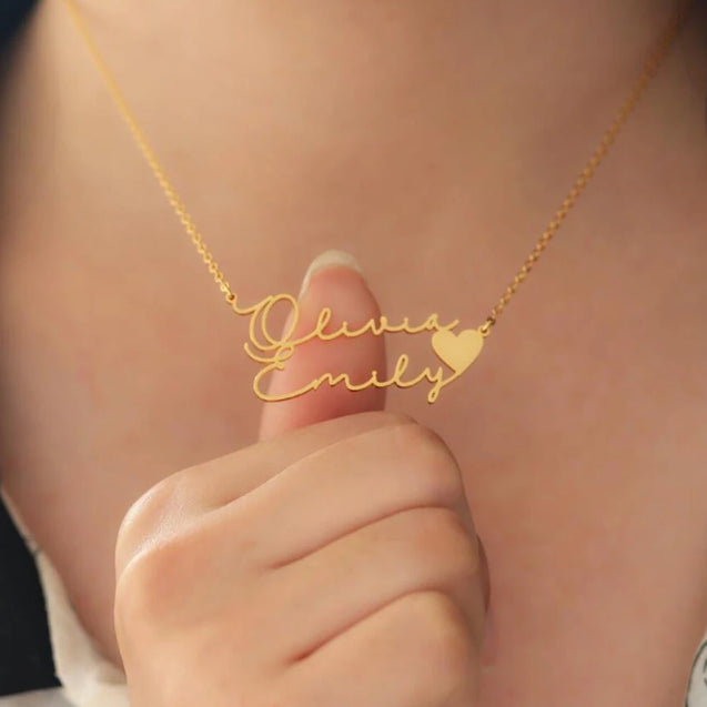 Double Name Heart Pendant Necklace in Gold Finish