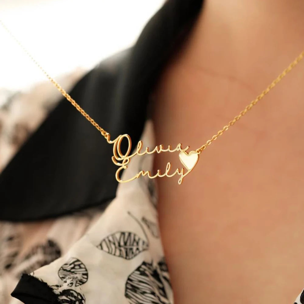 Double Name Heart Pendant Necklace in Gold Finish
