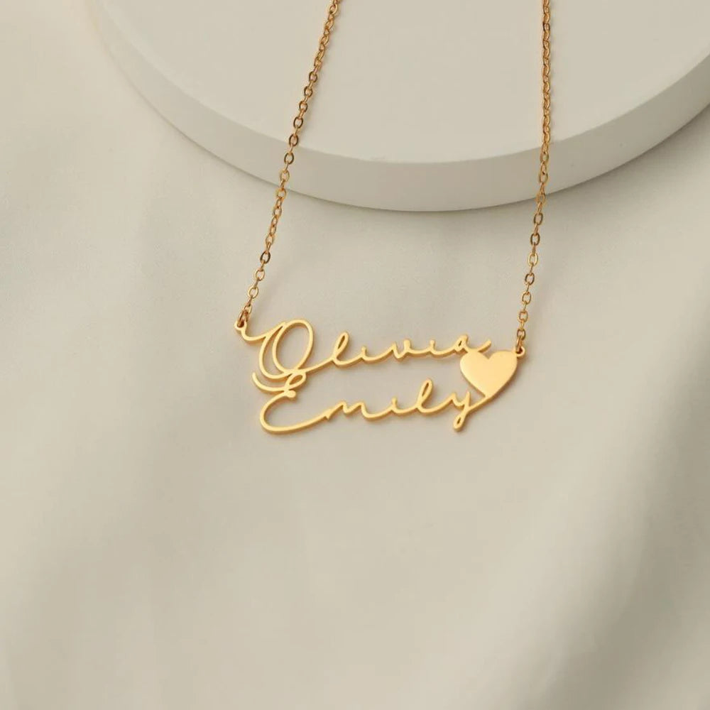 Double Name Heart Pendant Necklace in Gold Finish