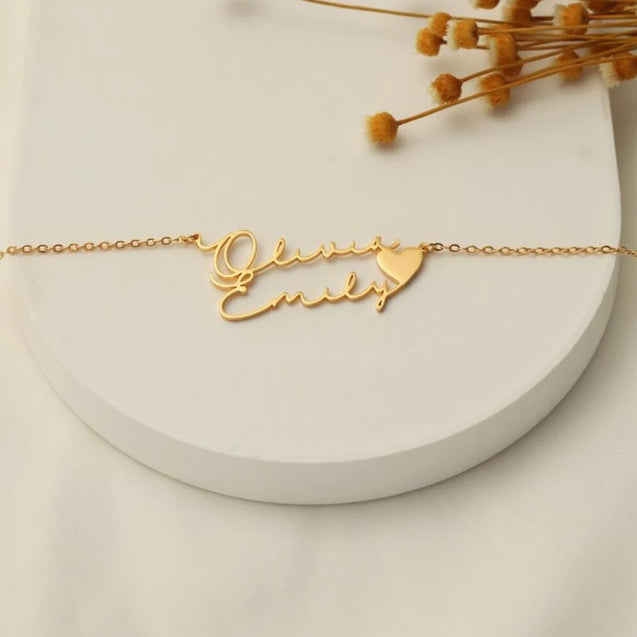 Double Name Heart Pendant Necklace in Gold Finish