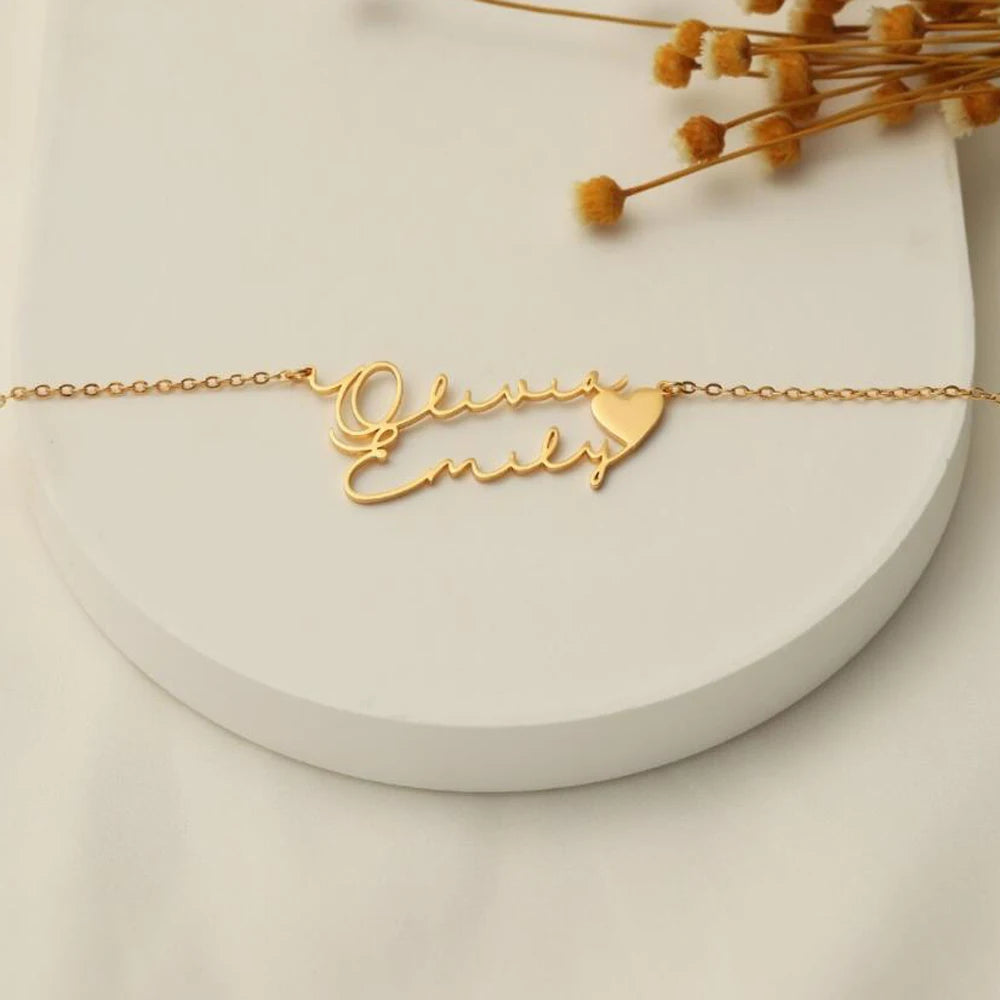 Double Name Heart Pendant Necklace in Gold Finish