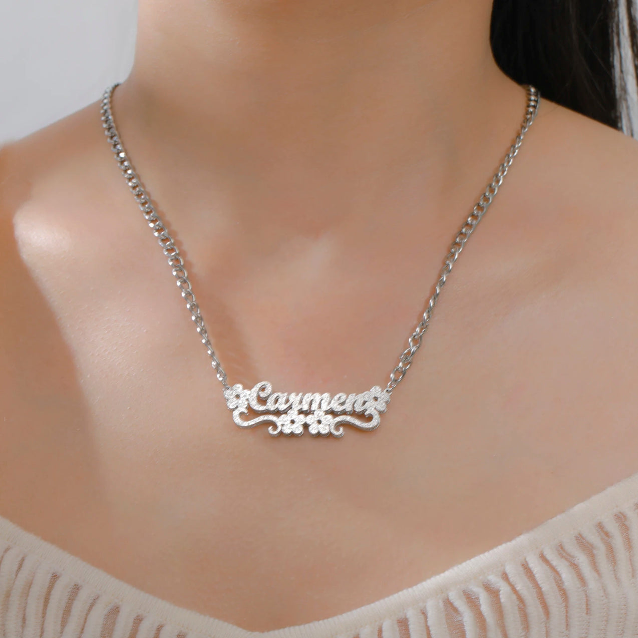 Heart Ribbon Cuban Chain Name Necklace